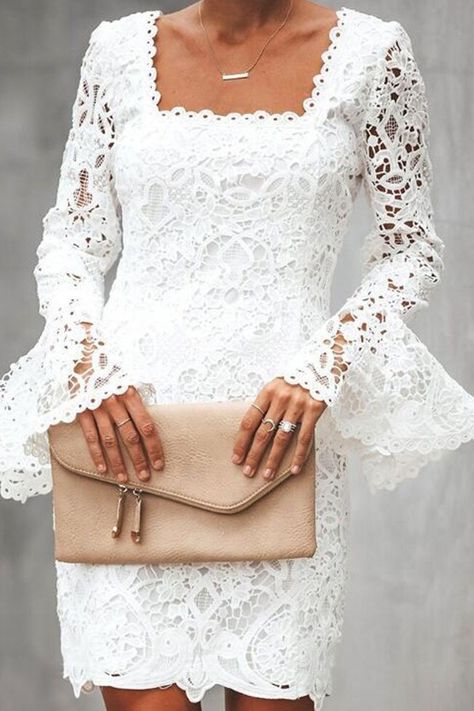 Flared Sleeves #LaceDress - #homecoming #cocktaildress Sukienki Maksi, Elegant White Dress, Beautiful White Dresses, Flare Sleeve Dress, African Fashion Women Clothing, Lace Dress With Sleeves, Short Lace Dress, White Dresses For Women, Short Wedding Dress