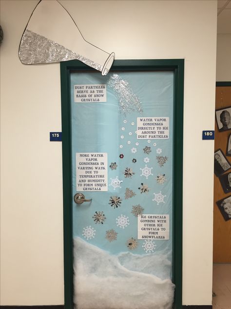 Door decoration for winter wonderland contest. Science of snowflakes. DIY Science Door Decorations, Science Bulletin Boards, Classroom Decor Ideas, Middle School Science Classroom, Science Room, Science Classroom Decorations, Christmas Classroom Door, Chemistry Classroom, Science Decor