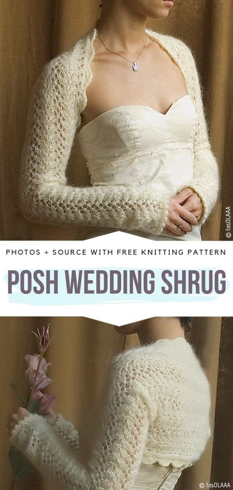 Posh Wedding Shrug Free Knitting Pattern #knittedshrug Crochet Wedding Bolero, Knitted Shrug Patterns Free, Knitted Bolero Patterns Free, Bolero Crochet Pattern Free, Knit Shrug Pattern, Crochet Baby Shrug, Shrug Knitting Pattern, Wedding Crochet, Posh Wedding