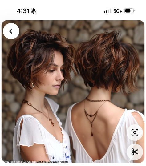 Pixie Haircut Highlights Brown, Short Hair Burgundy Highlights, Short Brunette Hair Color Ideas, Chocolate Brown Pixie Haircut, Choppy Short Bob Hairstyles, Highlights On Pixie Haircut, A Line Pixie, Bobs For Thick Wavy Hair, Dark Short Hair With Highlights