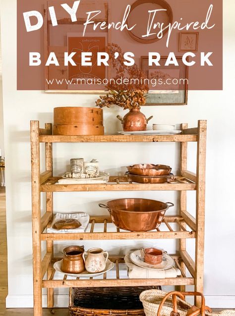 This French Inspired Baker's Rack is one of my FAVORITE pieces in our home! Diy Kitchen Rack Shelves, Diy Bakers Rack, Bakers Rack Ideas, Bakers Rack Decorating, Diy Rack, Baker's Rack, Shelf Board, Bakers Rack, Wood Rack