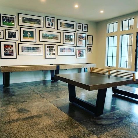 Shuffleboard Table Under Tv, Game Room With Shuffleboard, Shuffleboard Table Room, Shuffle Board Tables, Basement Shuffleboard, Cottage Basement, Ping Pong Room, Table Tennis Room, Basement Tv Rooms