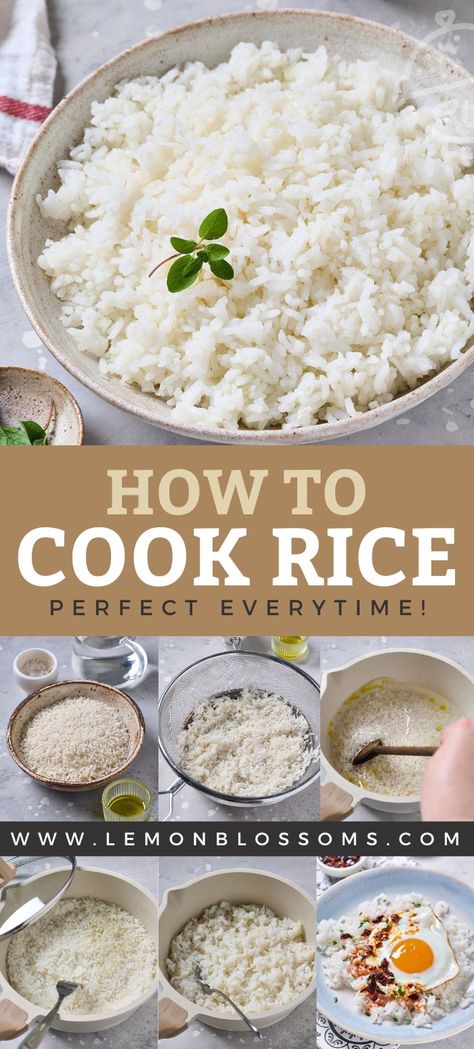 Mastering how to cook white rice is easy if you follow a few simple steps and this foolproof recipe. This is my go-to method for cooking rice on the stove and the easiest way to guarantee perfectly tender, tasty and fluffy rice every time. #lemonblossoms Rice Stovetop How To Cook, Perfect Stovetop Rice, Perfectly Cooked Rice, How To Cook Fluffy Rice, How To Cook White Rice On The Stove, Cooking White Rice On Stove, How To Cook Sweet Rice, How To Boil Rice On Stove, White Rice On Stove Top