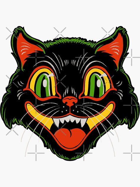 Retro Halloween Painting, Vintage Halloween Cat Tattoo, Vintage Black Cat Illustration, Retro Halloween Tattoo, Black Cat Face Tattoo, Halloween Cards Diy Homemade, Halloween Design Ideas, Vintage Halloween Cartoon, Halloween Cat Tattoo