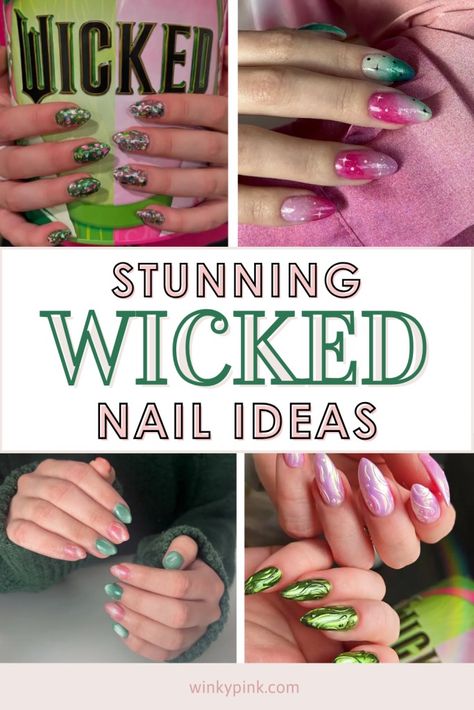 21 Wicked Nail Ideas To Channel Your Inner Witch - Pink And Green Nails Wicked, Wicked Green Nails, Wicked Nails Musical Pink And Green, Wicked Inspired Nails Pink And Green, Wizard Of Oz Nail Art, Opi Wicked Collection, Wicked Musical Inspired Nails, Wicked Witch Nails, Wicked Nails Designs