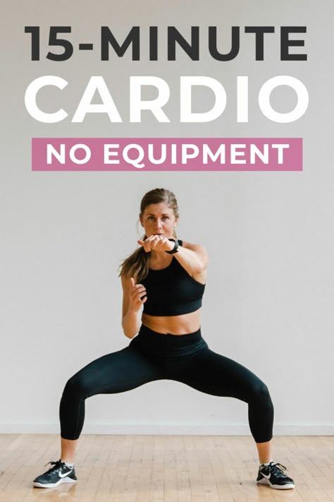 Try this heart pumping, fat burning, no equipment HIIT Cardio Workout! You can do these 10 bodyweight exercises anywhere. Simply press 'play' and follow along with this guided, 15-minute HIIT workout video to burn calories, increase endurance and muscle definition. Home workout for all fitness levels. 10 Minute Cardio Workout At Home, Bodyweight Cardio Exercises, Cardio Moves For Hiit, 15 Min Cardio Workout At Home, Quick Cardio Workout At Home, No Running Cardio, Workouts For Beginners Gym, Workouts For Pregnant Women, 15 Minute Hiit Workout