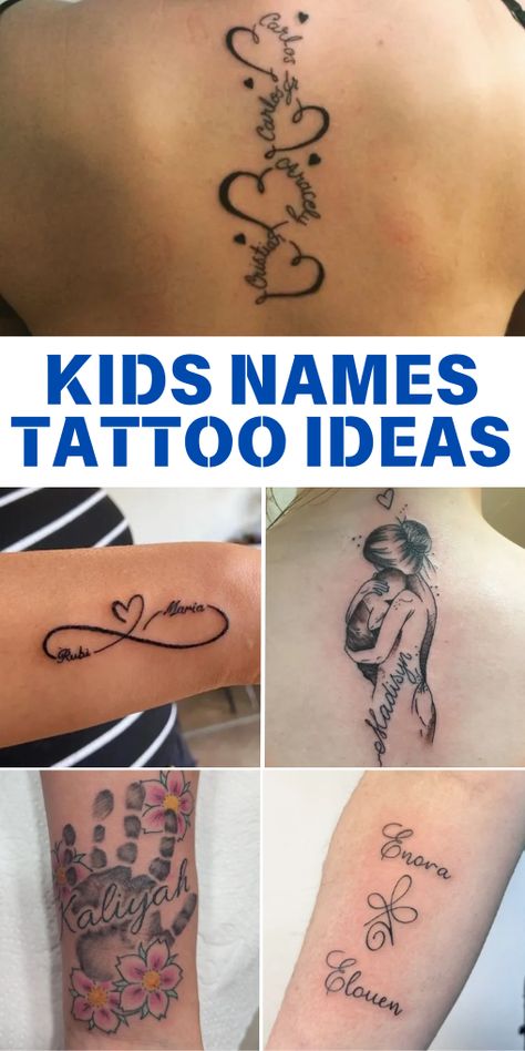 Discover unique kids' name tattoo ideas for mothers that beautifully celebrate your love for your children. From elegant script designs to creative patterns incorporating birthdates, hearts, or flowers, these tattoos are perfect for honoring your kids in a personal and stylish way. Explore ideas that blend meaning with artistry. #KidsNameTattoo #MotherTattooIdeas #UniqueTattoos #FamilyTattoo #MomTattoo Tattoo Ideas For Mom Of 4 Kids, Tattoos With Grandkids Names, Cool Mom Tattoos, Mom Tattoo Ideas For Kids, Tattoos With Kids Names For Moms, Tattoo Grandchildren, Tattoos For Moms With 3 Kids, Tattoo Ideas With Kids Names For Women, Multiple Kids Tattoos For Moms