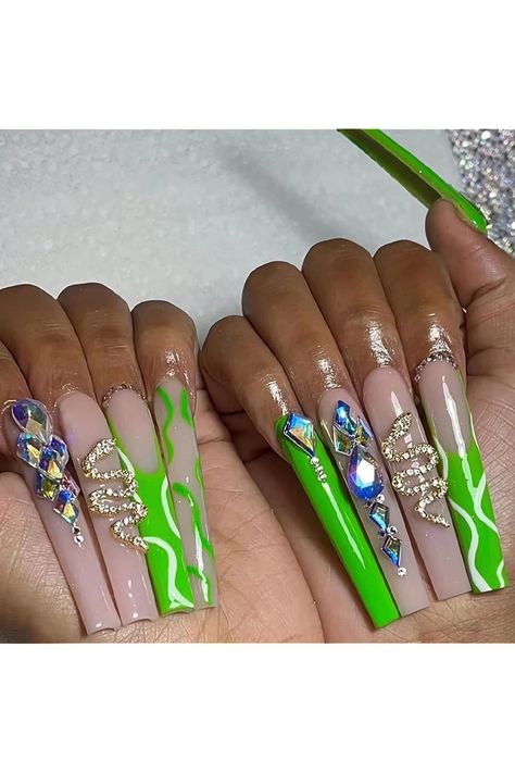 BABALAL Coffin Press on Nails Long Fake Nails Green French Tip Glue on Nails Snake Rhinestone Acrylic Nails Ballerina False Nails with Design Unghie Sfumate, Long Press On Nails, Nagel Tips, Manicure Tips, Nail Remover, Nail Type, Coffin Press On Nails, Y2k Nails, Fake Nails With Glue