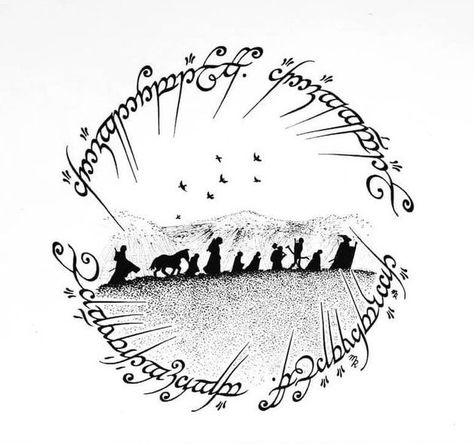 Legolas Tattoo Ideas, Moria Door Tattoo, Lotr Fellowship Tattoo, Couples Lotr Tattoos, Minimalist Lotr Tattoo, The Fellowship Of The Ring Art, In A Hole In The Ground Lived A Hobbit, Lord If The Rings Tattoo, Small Lord Of The Rings Tattoo Ideas