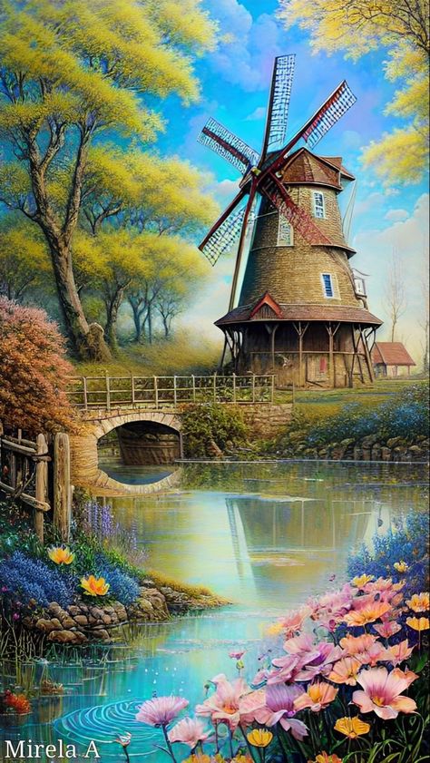 Garden Painting Art, Four Seasons Art, Windmill Art, Landscape Painting Tutorial, Cottage Painting, Best Nature Wallpapers, Lighthouse Painting, Cow Pictures, Nostalgic Art