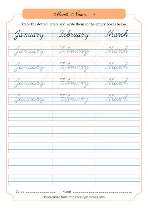 We have prepared a four-page worksheet for you to practice writing the month names in cursive. Click on the link below to download the worksheet. Cursive Writing For Kids, Cursive Handwriting Sheets, Cursive Writing Book, Cursive Letters Worksheet, Teaching Cursive Writing, Learn To Write Cursive, Two Letter Words, Cursive Writing Practice Sheets, Cursive Worksheets