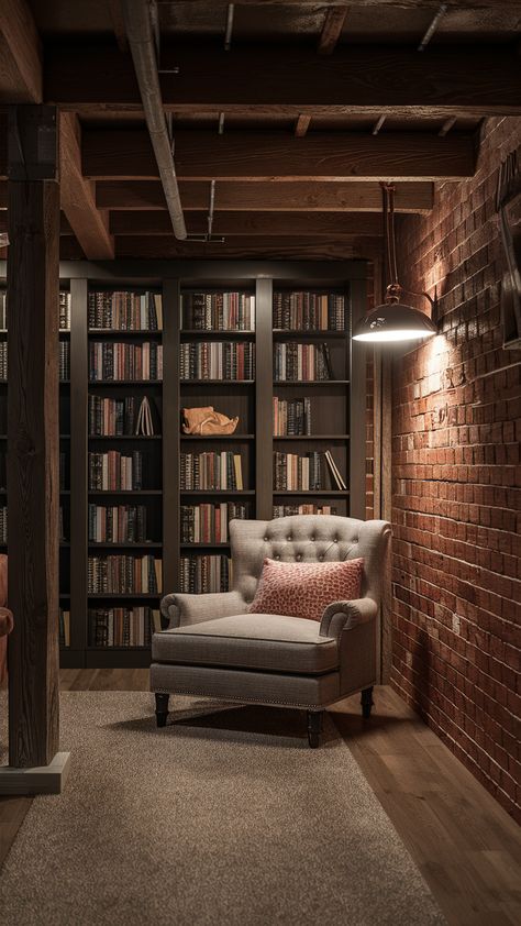 Basement Sitting Area Ideas, Cozy Loft Ideas Upstairs, Basement Library Ideas, Cozy Loft Ideas, Rustic Reading Nook, Room Remodeling Ideas, Finished Basement Family Room, Loft Ideas Upstairs, Basement Library