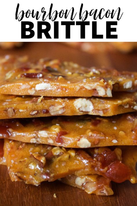 This bourbon bacon brittle is made with candied bacon, toasted pecans and bourbon. It’s the crunchiest, most delicious brittle you will ever have. #bourbon #bacon #brittle #peanutbrittle #dessert Bacon Peanut Brittle, Bacon Pecan Brittle, Bourbon Bacon Brittle, Bourbon Bacon Brittle Recipe, Bourbon Desserts, Bacon Dessert Recipes, Bacon Desserts, Boozy Baking, Bourbon Bacon