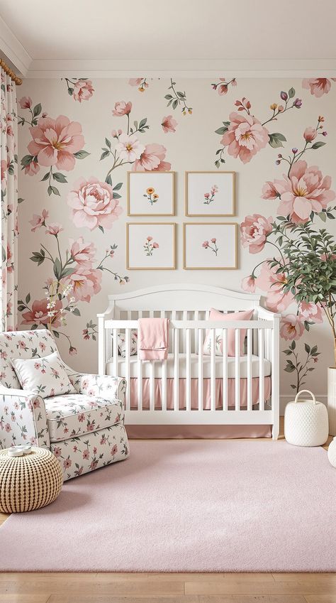 Nursery Room Ideas Girl Nursery Wall Ideas, Floral Accent Wall Nursery, Pink Floral Nursery Ideas, Flower Baby Girl Nursery, Garden Nursery Girl, Amelia Nursery, Pretty Nursery Ideas, Flower Nursery Baby Girl