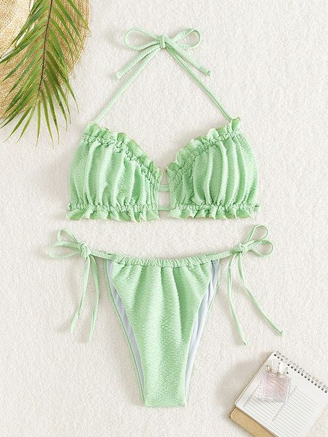 Green Cute Collar   Plain  Embellished High Stretch  Women Clothing Green Bathing Suits, Outfit Modest, Green Cute, Outfit Inspo Summer, Cute Bras, Green Swimsuit, Easy Trendy Outfits, Swimming Costume, Swim Suits