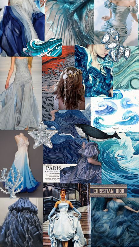 Theme For Garment Collection, Water Inspired Fashion Mood Board, Storyboard Fashion Design, Theme Board Fashion Inspiration, Fashion Themes Inspiration Ideas, Water Themed Dress, Ocean Mood Board, Mood Board Fashion Inspiration, Fashion Show Themes