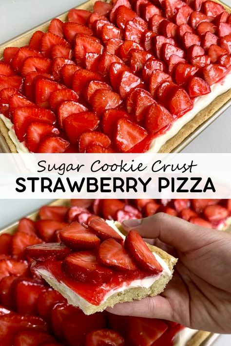 Strawberry pizza has a chewy sugar cookie crust covered in a sweetened cream cheese layer, that is topped with a strawberry glaze and tons of fresh strawberries! Strawberry Pizza Pie, Strawberry Sugar Cookie Dessert, Strawberry Pizza With Sugar Cookie Crust, Fruit Pizza Pillsbury Sugar Cookie, Easy Fresh Strawberry Desserts, Sugar Cookie Strawberry Pizza, Strawberry Pizza Dessert, Deserts With Strawberries, Desert Hacks