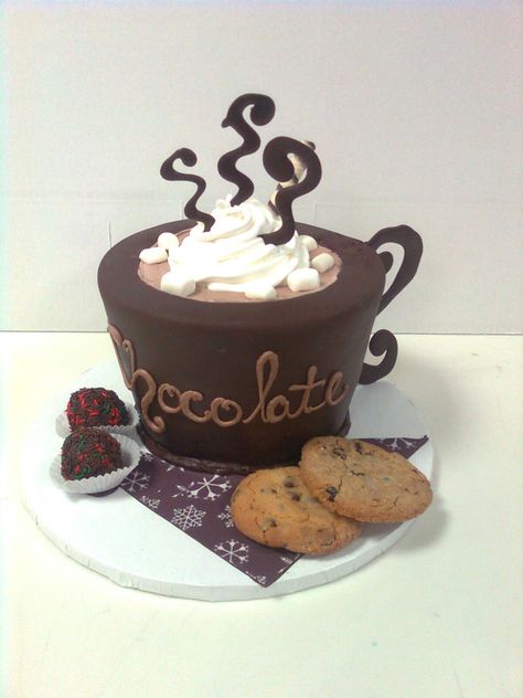 hot chocolate cup - made at work (threebrothersbakery) for my friend. he loved it. everything u can eat even cup. made from an 8" round. cut cup upside down then cover. Hot Chocolate Cake, Giant Cupcake Cakes, Mini Torte, Giant Cupcakes, Crazy Cakes, Chocolate Cups, Unique Cakes, Novelty Cakes, Cake Chocolate