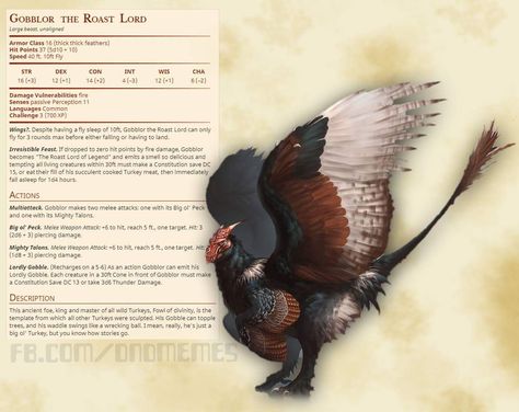 A worthy thanksgiving feast.... Turkey Monster, Homebrew 5e, Dnd Animals, Dnd Creatures, Dnd Monster, Dnd Stats, Dnd Inspiration, Monster Ideas, Dnd Classes