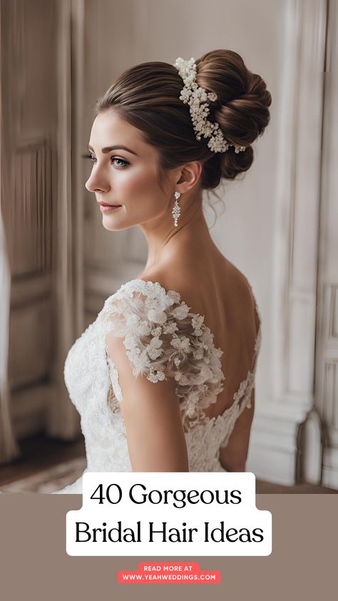 A stunning bride with elegant bridal hair, featuring a chic bun and delicate floral accessories, perfect for an unforgettable wedding look. Classic Glam Wedding Hair, 2025 Bridal Hair, 2024 Bridal Hair Styles, Russian Bridal Hair, Bridal Hair 2024 Trends, Midi Bridal Dress, Half Up Curls, Long Bridal Hair, Bridal Hairdo