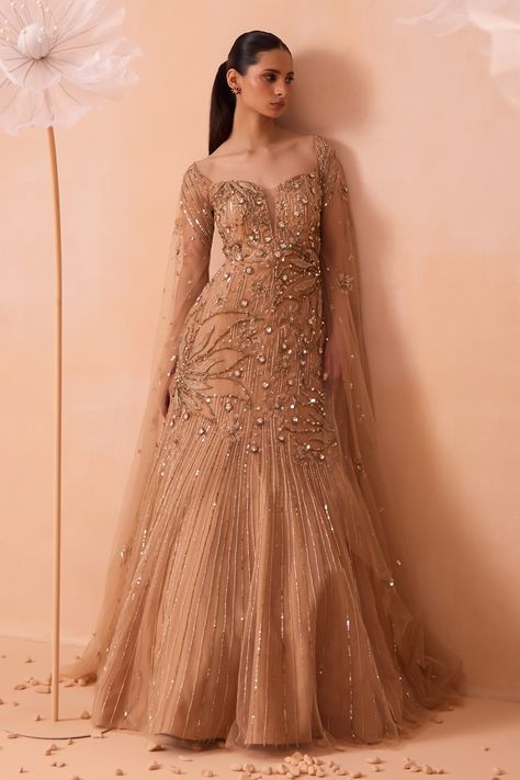 Buy Gold Net Embroidery Zari Sweetheart Neck Gleaming Floral Gown For Women by PARUL GANDHI Online at Aza Fashions. Organza Gown Designs, Net Gown Designs, Gowns Gold, Floral Embroidered Gown, Champagne Gown, Golden Gown, Reception Gowns, Organza Gown, Net Gowns