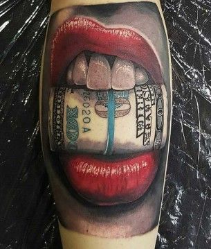 Tattoo Dollars in Mouth Red Lips Tattoo, Dollar Tattoo, Mangas Tattoo, Lips Tattoo, Strawberry Tattoo, Diy Tattoo Permanent, Best Tattoo Ever, Tattoo Diy, New Piercing