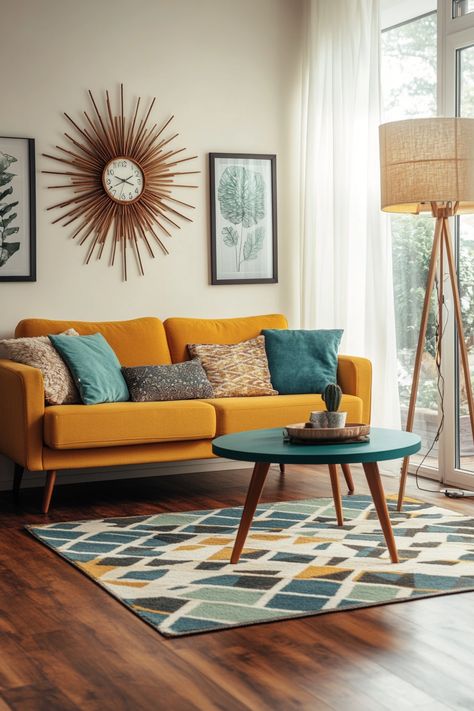 Transform your space with this vibrant living room decor! Featuring a bold mustard sofa, eclectic pillows, and unique wall art, this setup brings warmth and style. Add a geometric rug and wooden accents for a cozy yet chic look. #LivingRoomDecor #HomeStyle #InteriorDesign Mustard Yellow Living Room Decor, Teal And Mustard Living Room, Mustard Accent Wall, Mustard Living Room Decor, Mustard Sofa Living Room, Mustard Sofa Living Room Ideas, Beyoncé Fashion, Eclectic Pillows, Mustard Living Room