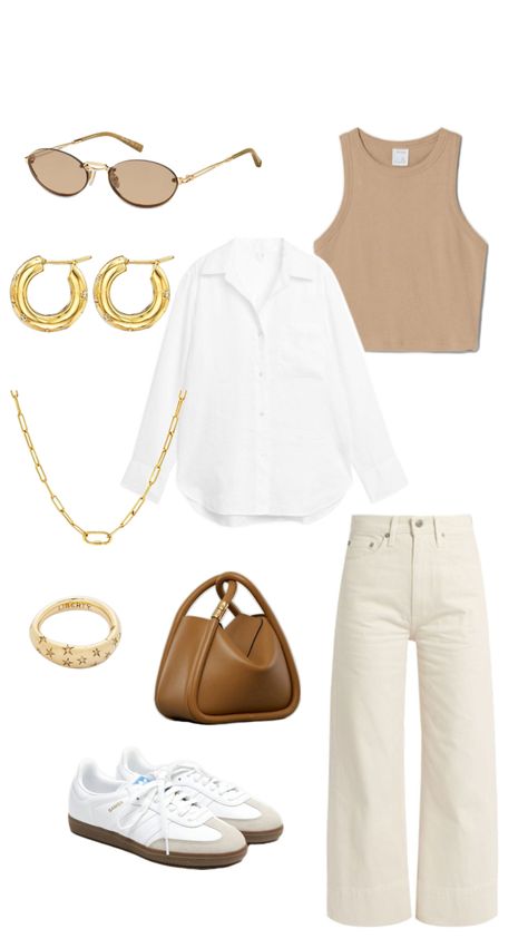 Beige Top Outfit Classy, Beige Bottom Outfit, Beige Denim Pants Outfit, Beige Jeans Outfit Summer, White Khaki Outfit, Cream Jeans Outfit Street Style, Cream Colored Outfits, Beige Tshirt Outfits, Outfit With Beige Pants