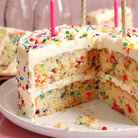 THE BEST Funfetti Cake Funfetti Cake Moist, Birthday Cake Dessert Recipes, Mrs Fields Frosting Recipe, Frosting For Funfetti Cake, Easy Funfetti Cake Recipe, High Altitude Funfetti Cake, Moist Confetti Cake Recipe, The Best Funfetti Cake Recipe, Best Funfetti Cake Recipe