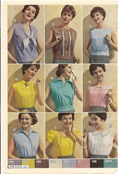 A diverse assortment of lovely summertime tops and blouses from 1959. #blouse #top #shirt #vintage #dress #retro #fashion #1950s #summer Womens Blouses Summer, Chique Outfit, 1950 Fashion, Fur Coat Vintage, Design Moda, Look Retro, Fashion 1950s, 1950s Style, Women's Blouses