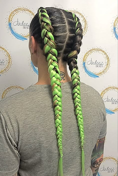 Braids With Green Hair, Green French Braids, Colorful French Braids, Dutch Braids With Color Extensions, French Braids With Color, Boxer Braids With Extensions, Dutch Braids With Extensions, Color Guard Hair, 2 Dutch Braids