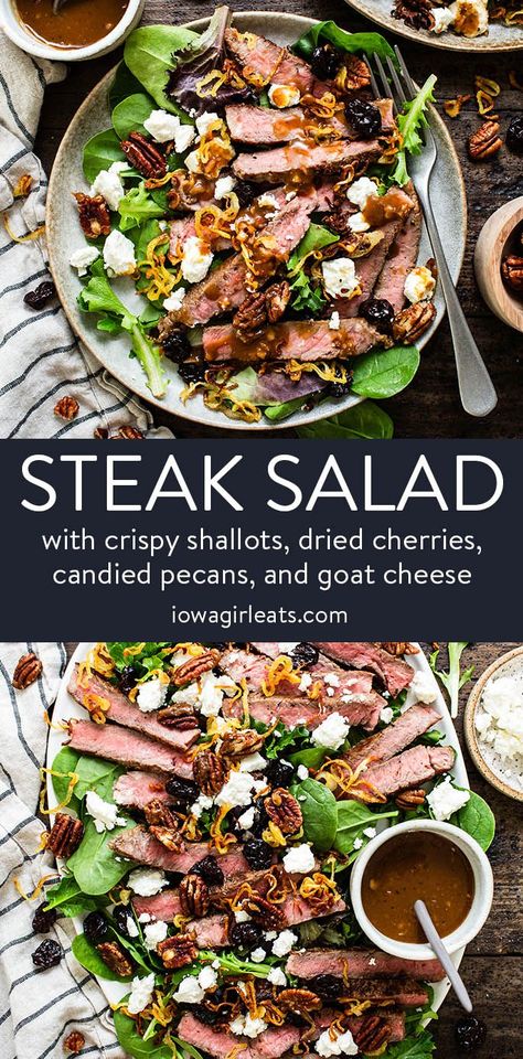 Steak Salad with Maple Balsamic Vinaigrette is a feast for the eyes and stomach! This restaurant-quality salad is loaded with dried cherries, crispy shallots, candied pecans, and goat cheese. Marinated Potatoes, Caprese Steak, Roasted Steak, Steak Tomatoes, Maple Balsamic Vinaigrette, Steak Salad Recipe, Potatoes Roasted, Tomatoes Mozzarella, Maple Balsamic