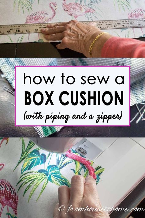 This DIY tutorial is awesome for learning how to sew a box cushion with piping and a zipper. If you want to replace your couch cushions, a bench cushion or even outdoor patio furniture seat cushions, these step by step instructions will tell you how. #fromhousetohome #diyhomedecor #diydecorating #diytipsandtricks #sewing #diyhomeandgarden Diy Bench Cushion, Cushion With Piping, Cushion Tutorial, Sewing Cushions, Upholstery Diy, Door Entrance, Patio Furniture Cushions, Costura Diy, Farmhouse Front