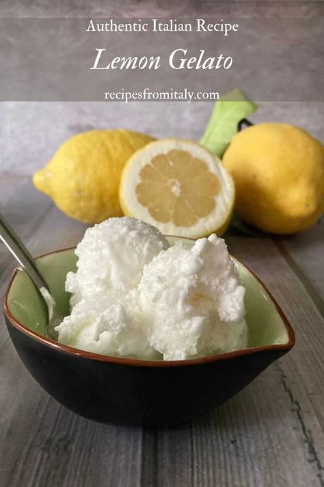 Homemade Lemon Gelato Recipe - Recipes from Italy Lemon Gelato Recipe, Italian Gelato Recipe, Peach Sorbet Recipe, Lemon Gelato, Homemade Ice Cream Recipes Machine, Recipes From Italy, Hemgjord Glass, Gelato Maker, Frozen Treats Recipes