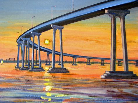 San Diego , Coronado Bridge - at-sunset - Drawing Bridge Sketch, Bridge Tattoo, Coronado Bridge, Bridge Drawing, San Diego Tattoo, Class Art Projects, San Diego Art, Old Town San Diego, Coronado Beach