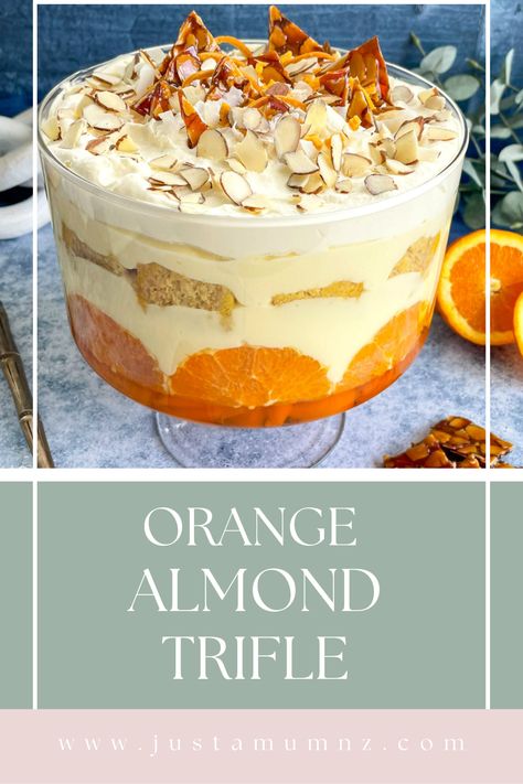 A delicious luxurious trifle filled with orange almond cake, jelly, mangos, custard, mascarpone and cream! A perfect Christmas Dessert Almond Trifle, Orange Trifle Recipes, Thanksgiving Trifle, Almond Orange Cake, Orange Trifle, Mango Trifle, Orange Almond Cake, Trifle Bowl Recipes, Cake Trifle