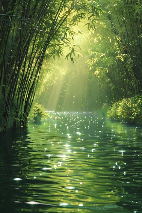 Fantasy Landscape Photography, Background For Quotes Blank Nature, Bamboo Aesthetic Wallpaper, Bamboo Forest Aesthetic, Japanese Nature Aesthetic, Green Scenery Painting, Bamboo Scenery, Green Wallpaper Nature, Bamboo Aesthetic