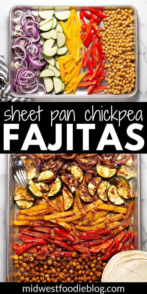 These quick and easy vegan Sheet Pan Chickpea Fajitas are a delicious weeknight dinner that comes together in under 30 minutes. Loaded with chickpeas, peppers, onions, and zucchini along with a signature fajita seasoning - this simple dinner will quickly become a family favorite. Chickpea Fajitas, Vegan Sheet Pan, Vegetarian Fajitas, Vegan Fajitas, Sheet Pan Dinners Recipes, Tasty Vegetarian Recipes, Sheet Pan Recipes, Vegan Dinner Recipes, Vegan Eating