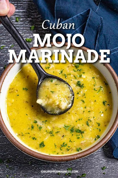 This Cuban mojo marinade is made with garlic, sour orange, olive oil and herbs, great for marinating fish, chicken, or pork, or as a garlicky mojo sauce! Cuban Mojo Marinade, Mojo Sauce Recipe, Mojo Criollo, Mojo Marinade, Mojo Sauce, Cuban Mojo, Orange Olive Oil, Citrus Marinade, Chili Pepper Recipes