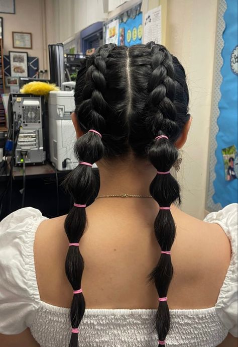 Two Dutch Braids Into Bubble Braids, Dutch Braids With Ribbon, Bubble Dutch Braid, Braided Bubble Braids, Dutch Braids Into Bubble Braids, Bubble Braid Hairstyles For Sports, Low Bubble Braid, Hare Stiles, Braids Into Bubble Braids