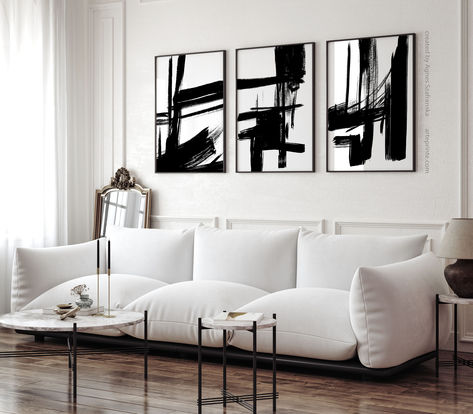 The printable wall art files, crated from my original ink paintings, available on etsy.com . Ready for instant download, include over 30 popular print sizes. #AgaSzafranska #ArtePrinte #blackwhite #art #largeart #abstract #modernhouse #interiordecor #moderninterior #blackandwhite #blackwhiteabstract #largehouse #brushstrokes #black #abstractpainting #modernhome #moderndecor #moderndesign #contemporary #moderncontemporary #printableprints #printableart www.arteprinte.com Three Piece Art, Modern Abstract Print, Beige Art, Geometric Wall Decor, Neutral Art, Black And White Wall Art, Beige Walls, Geometric Wall Art, Abstract Art Prints