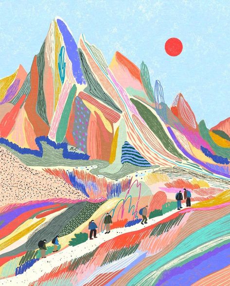 Marina Ester Castaldo on Instagram: ““The only trip you will regret is the one you don’t take” ☀️ . . . This illustration is called “Argentina” and is available as print in my…” Day In London, Beautiful Sunny Day, Mountain Drawing, Modern Impressionism, Colorful Mountains, Joy Art, Pastel Sec, Meditation Art, Happy Art