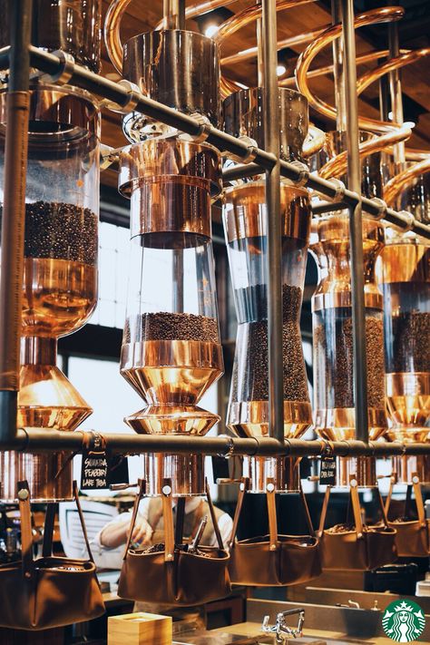 The main bar in the new Starbucks Roastery and Tasting Room in Seattle is a work of art—serving works of art. Starbucks Roastery, Starbucks Reserve Roastery, Pub Interior, Starbucks Reserve, Coffee Roastery, Coffee Places, Tea Bar, Coffee Shop Design, Hotel Boutique