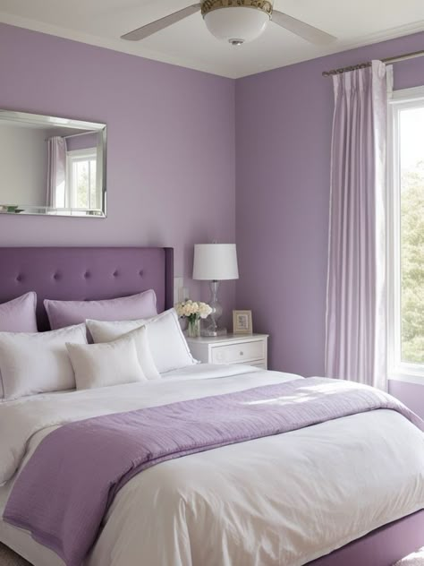 Create a soothing atmosphere in your bedroom with a light purple accent wall. Complement the wall with crisp white bedding, a mirrored nightstand, and soft floral curtains for a chic and elegant look. Full Bedroom Ideas, Dark Purple Bedroom Ideas, Modern Purple Bedroom, Light Purple Bedroom Ideas, White And Purple Bedroom, Purple And White Bedroom, Light Purple Bedroom, Purple And Gray Bedroom, Purple Themed Bedroom