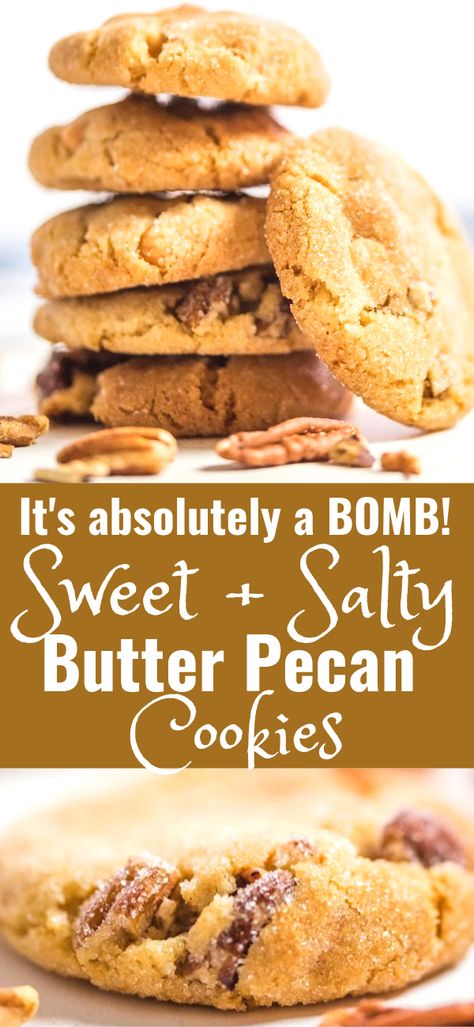 Sweet Salty Cookies, Sweet And Salty Cookie Recipes, Salty Sweet Cookies, Butterscotch Chips What To Make With, Sweet And Salty Cookies, Salted Caramel Chocolate Chip Pecan Cookies, Pecan Sandy Cookies, Pecan Sandy Cookie Recipe, Loaded Butterscotch Toffee Pecan Cookies