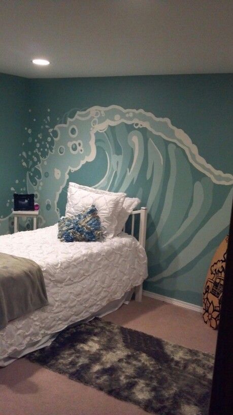 Painted Wall In Bedroom, Ocean Wall Painting Bedrooms, Wave Wall Painting Diy, Wave Mural Bedroom, Painting Waves On Wall, Ocean Themed Mural, Under Water Bedroom Theme, Beach Wall Murals Painted Diy, Bedroom Mural Ideas Aesthetic