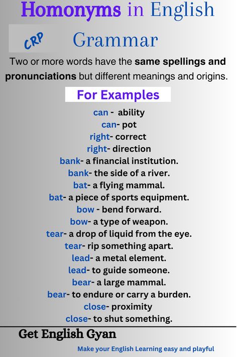 Homonyms are words that have the same spellings and pronunciations but different meanings and origins. Same Words Different Meaning, Homonyms Words, Different Meaning, Diy Crafts Paper Flowers, English Vocabulary Words Learning, Crafts Paper, English Vocabulary Words, More Words, English Teacher