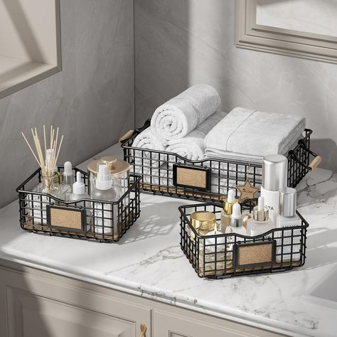 PRICES MAY VARY. PERFECT SIZE FOR SPACE: One large basket (13'' L x 8.7'' W x 3.9'' H) and two small baskets (7.9'' L x 5.5'' W x 3.5'' H), beautiful and functional shelf storage and counter organizer, can withstand heavy objects and maintain stability, increasing the flexibility of the space. MULTI-FUNCTION COUNTER ORGANIZER: This metal baskets can be placed in the bathroom shelf, laundry basket storage, living room, coffee station, bedroom wardrobe, etc. Use to store your daily necessities and Bathroom Hand Towel Basket, Dollar Tree Apartment Essentials, Coffee Station Bedroom, Bathroom Organization Baskets, Guest Bathroom Basket, Apartment Supplies, Bathroom Organization Shelves, Functional Shelf, Bathroom Counter Decor Ideas