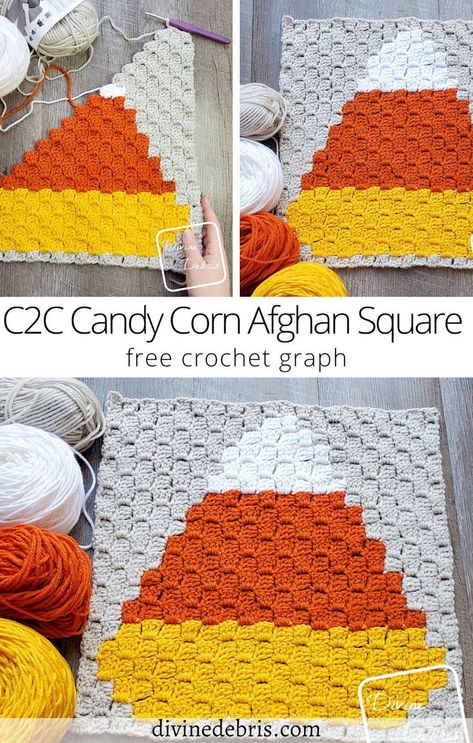 Learn to make this fun, colorful, and iconic Candy Corn Afghan Square from a free crochet graph by Divine Debris Fall Crochet Blanket Patterns, Fall Crochet Blanket, Crochet C2c Pattern, Thanksgiving Crochet, C2c Crochet Pattern Free, Autumn Crochet, Crochet Holiday, Crochet Rag Rug, Crochet Graph