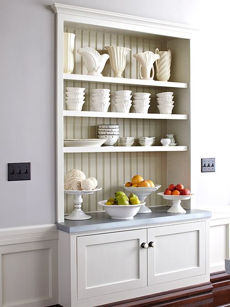 Add storage to a small kitchen, without consuming valuable floor space, by recessing a shelving unit into the wall space between studs. #smallkitchen #howtomakeasmallkitchenlookbigger #kitchenideas #bhg Unfitted Kitchen, Recessed Shelves, Clever Kitchen Storage, Add Storage, Small Space Storage, Cool Ideas, Remodel Bedroom, Breakfast Nook, Floor Space